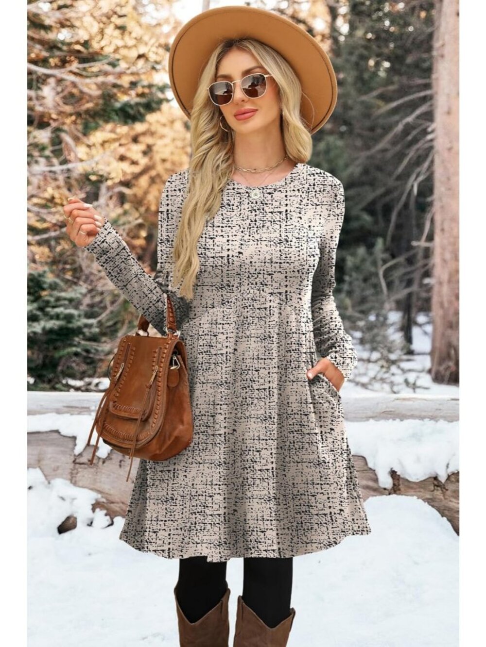 Women's Beige Plaid Long Sleeve Comfort Crew Neck Empire Waist Tunic Mini Dress - Picture 2 of 5